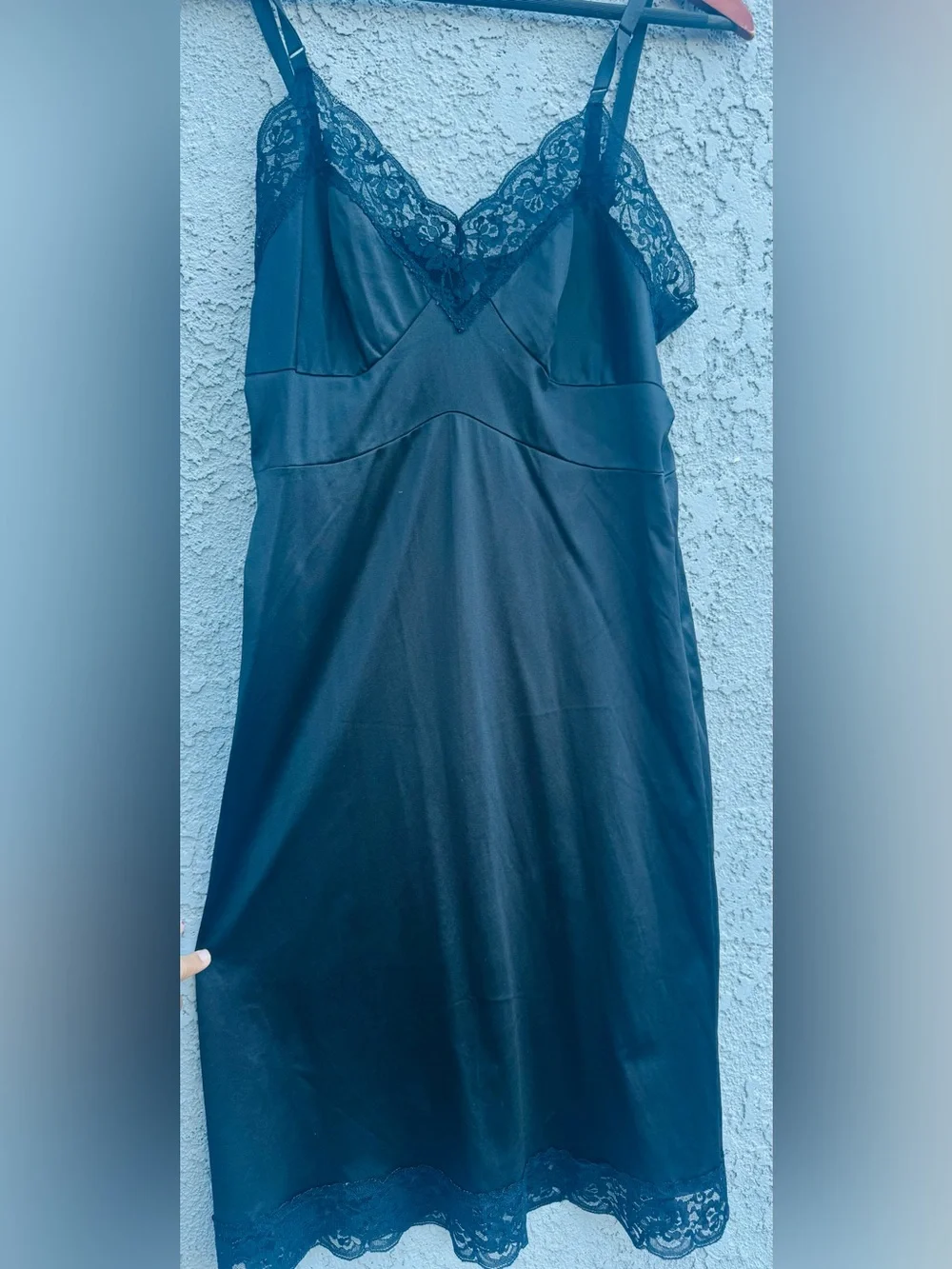 Vintage American Black Nylon Slip Dress with Lace Trim, Size Small Made In USA
